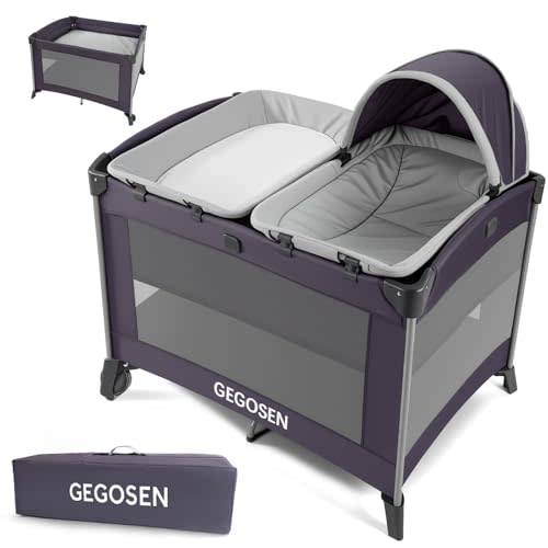 GEGOSEN Portable Baby Playard 4 in 1 Design, Foldable Baby Playpen with Removable Bassinet, Canopy and Changing Table, Infant Playrad, Nursery Center Travel Crib (Toys Not Included)