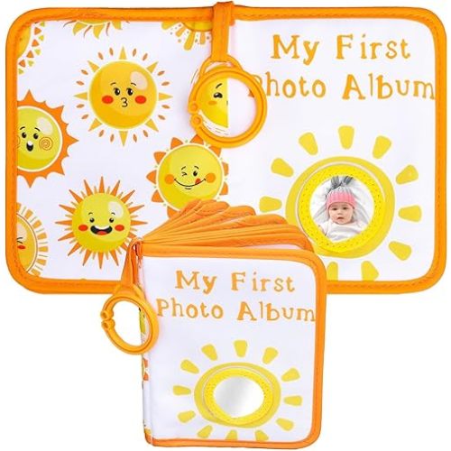 Sun Baby' s My First Family Album Cute Cartoon Sun Photo Album Holds 4x6" Pictures Soft Photo Cloth Book with Safety Mirror for Newborn Baby Shower Toddler Kid