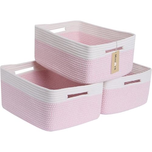 Large Storage Baskets for Shelves, Closet Organizers Bins for Clothes Blanket Towels, Baby Nursery, Toy Baskets Box, Woven Rope Baskets, 17 x 13 x 7.5”, 3 Packs Woven Pink