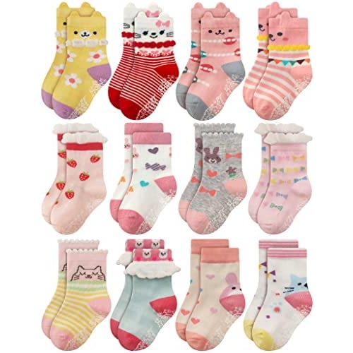 RATIVE Non Skid Anti Slip Cotton Dress Crew Socks With Grips For Baby Infant Toddler Kids Girls