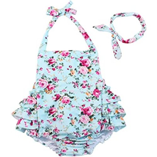 China Rose 50's Floral Ruffles Rompers Backless Dress Bathing Suit Swimwear