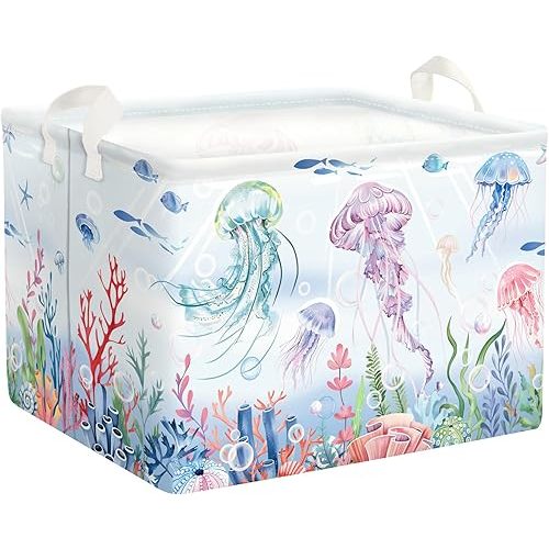 Ocean Animals Baby Laundry Hamper Collapsible Clothes Kids Storage Basket Large Boys Girls Gift Toy Box Bin for Nursery Room, Colorful Jellyfish, 36L