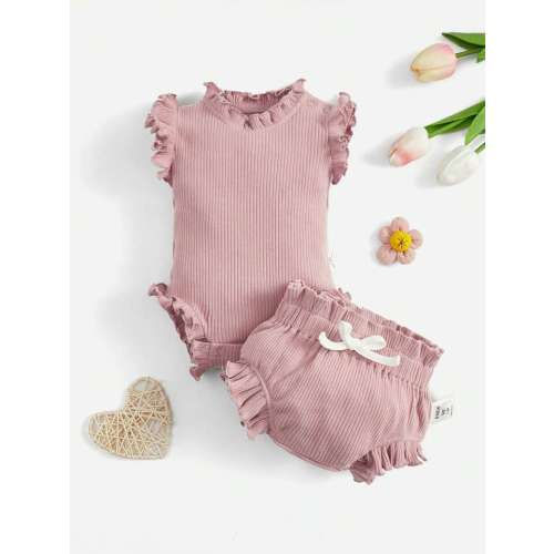 SHEIN Newborn Baby Girls' Soft Romper With Ruffles And Bowknot Decor Triangle Shorts, Summer, Two Piece Set: 0-1 Month