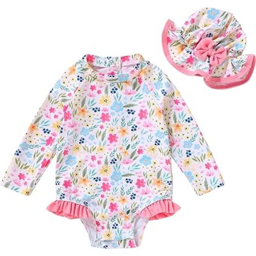 Infant Baby Girl Swimsuit One-Piece Long Sleeve Rash Guard with Hat Set Floral Zipper Bathing Suit Leopard Beach Wear