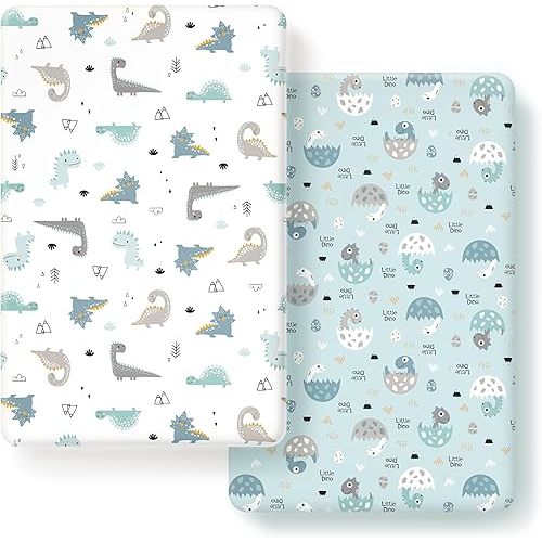 GRSSDER Stretchy Ultra Soft Jersey Knit Fitted Pack n Play Sheets Set 2 Pack, Portable/Mini Crib Sheets for Boys, Universal Fit for Pack N Plays Safe and Snug, Happy Dinosaurs for Baby