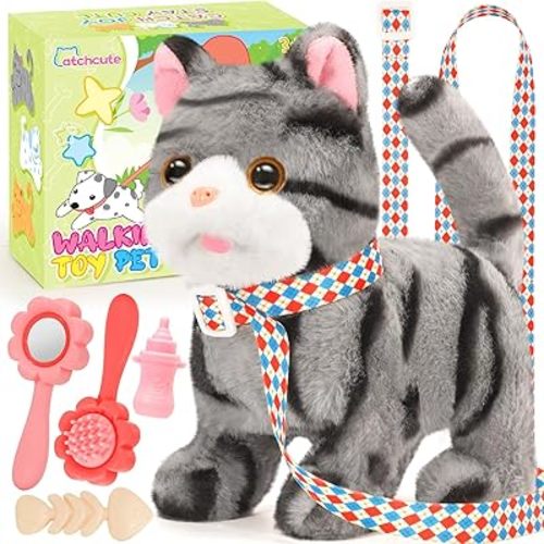 Plush Cat Toys for Kids with Leash, Interactive Plush Kitty Can Walk,Meow, and Wag Tail, Realistic Toys Pet Christmas Birthday Gifts for Boys and Girls