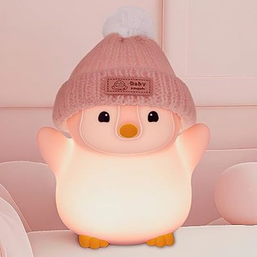 Penguin Night Light, Cute Pink Penguin Lamp with Knit Hat, Soft Silicone Nursery Nightlight for Baby, Rechargeable/Dimmable/Timer,LED Squishy Novelty Animal Bedside Lamp,Funny Gifts for Kids