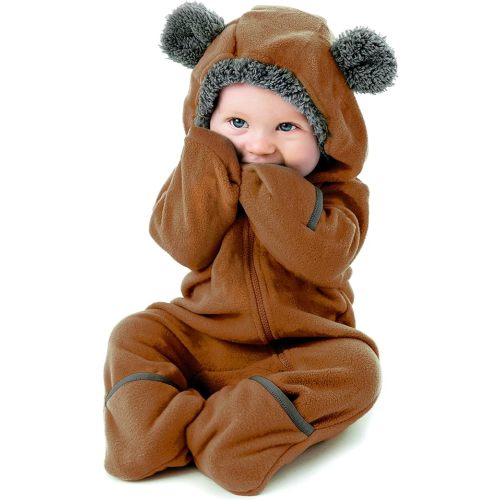 Cuddle Club Fleece Baby Bunting Bodysuit – Infant One Piece Kids Hooded Romper Outerwear Toddler Jacket Bear - Brown 3-6 Months