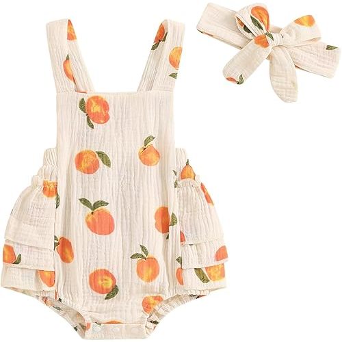 Baby Girl Peach Clothes Cotton Linen Fruit Overalls Romper Sleeveless Side Tiered Ruffled Jumpsuit Summer Outfit