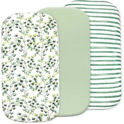 3-Pack Organic Fitted Bassinet Sheets, Compatible with Halo, Snoo, Graco, Dream On Me, Delta, and Other Standard Size Bassinets - Fits Oval, Hourglass, & Rectangle Shapes (Size 32 x 16 x 4 Inches)