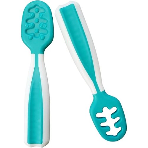 Baby Spoons, Silicone Pre-Spoons for Kids Aged 6+ Months - First and Second Stage Feed, Baby Led Weaning, Teething, Infant Feeding - Toddler Utensils - Set of 2 Spoons, Teal/White