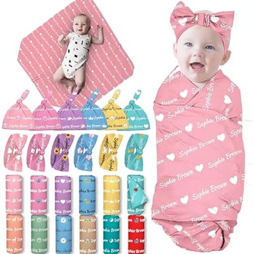 Personalized Swaddle Blanket Baby Girl Boy with Bow Headband and Hat Set Custom Baby Blanket with Name Customized Baby Gifts
