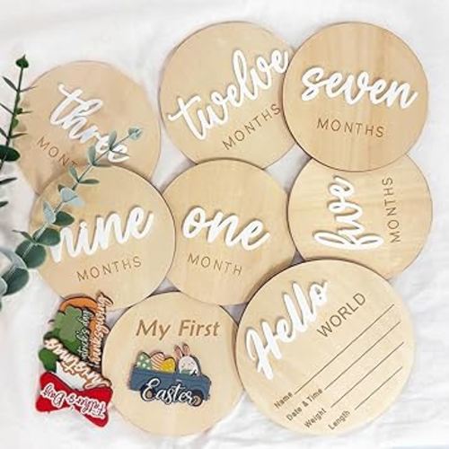Monthly Baby Milestone Maker Discs, Baby Milestone Signs for Newborn Baby, Hello World Newborn Sign for Baby Girl & Boy, Baby Announcement Sign for 1-12 Month, Milestone Wooden Circles (White)