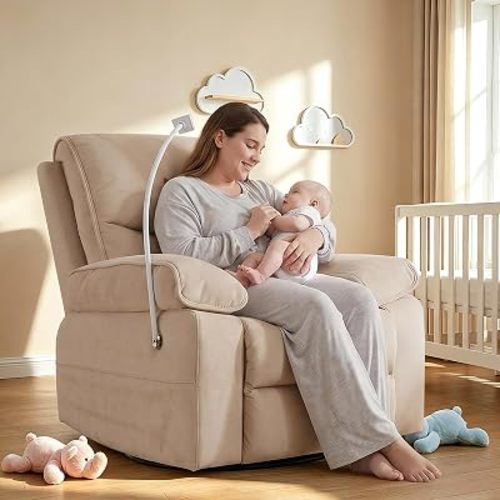 360° Swivel Glider Rocking Chair Nursery, Oversized Recliner with Phone Holder,Nursing Chairs for Breastfeeding with Wide Foot Rest for Living Room and Baby Room,Linen