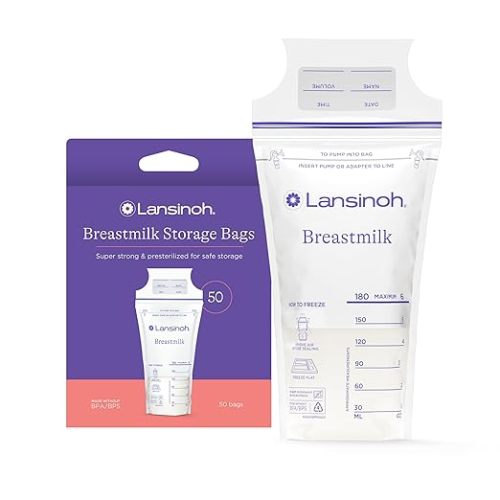 Lansinoh Breastmilk Storage Bags, 50 Count, Baby Essentials, Easy to Use Disposable Breastmilk Storage Bag, Airtight, Zipper Closure, Resealable, Refrigeration & Freezer Safe, BPA/BPS Free, 6 Ounce