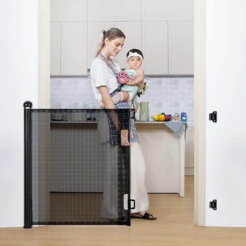 COMOMY Retractable Baby Gate for Stairs, 0-55" Mesh Dog Gate for House Doorways Hallways, 33" Tall Extra Wide Child Safety Gate for Kids Pets, Indoor and Outdoor (Black)