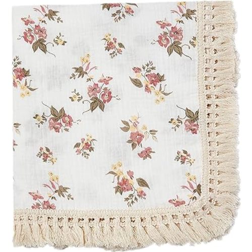 insular Cotton Muslin Baby Blanket with Tassel, Boho Bohemian Muslin Swaddle Blanket Baby Receiving Blanket with Fringe, Nursery Decor Throw or Nursing Blankets, 47" x40”, Floral