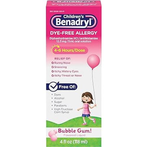 Children’s Benadryl Antihistamine Allergy Relief, Dye-Free Liquid, Bubble Gum Flavored, 4 Oz