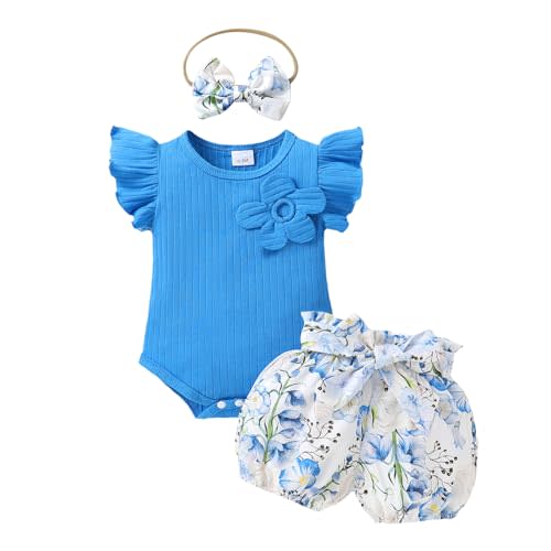 Tiny Cutey Baby Girl Clothes Infant Summer Outfits Set Ruffle Sleeve Romper and Floral Shorts with Headband