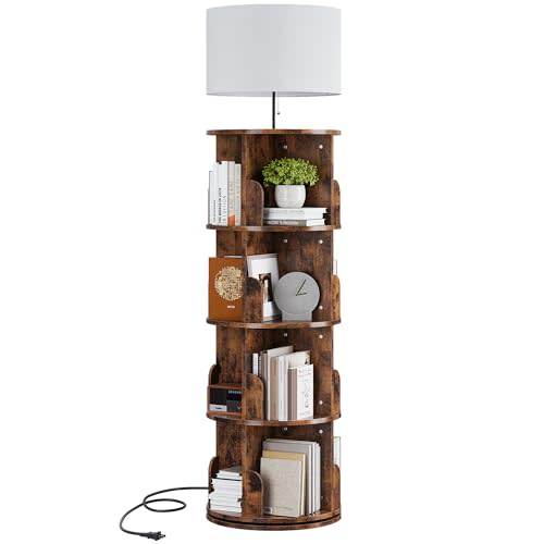 iabifo 4 Tier Rotating Bookshelf with Light, 360° Spinning Bookcase Tower, Vertical Floor Standing Revolving Bookshelf Organizer for Small Spaces, Corner, Living Room, Bedroom, Rustic Brown