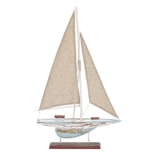 Breakwater Bay Tarangini Wood Distressed Sail Boat Blue Decorative Sculpture with Cream Linen Sails and Brown Accents & Reviews | Wayfair