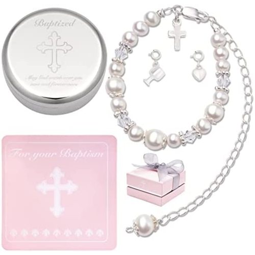 Baptism Bracelet in Sterling Silver and Cultured Pearls for Baby Girls, Comes with a Unique Silver-plated Jewelry Keepsake Box, Christening and Baptism Gifts For Girl, Includes 3 Charms