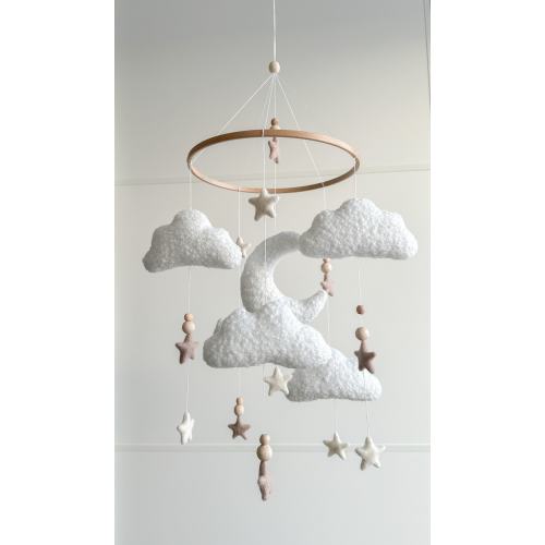 Boucle clouds and moon baby nursery mobile, Neutral baby mobile, Neutral nursery mobile, Clouds mobile, Felted stars mobile, personalized