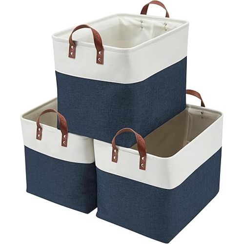 DECOMOMO Fabric Storage Basket Large Closet Storage Bins for Toys Nursery & Laundry Storage (Navy Blue & White, XXL - 3 Pack)