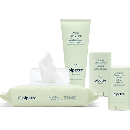 Pipette Baby Travel Essentials Set Bundle, Clean, 100% Mineral Water-Resistant Sunscreen SPF 50, Fragrance-Free Baby Balm Stick, Water-Based Baby Wipes, Fragrance-Free Diaper Rash Cream