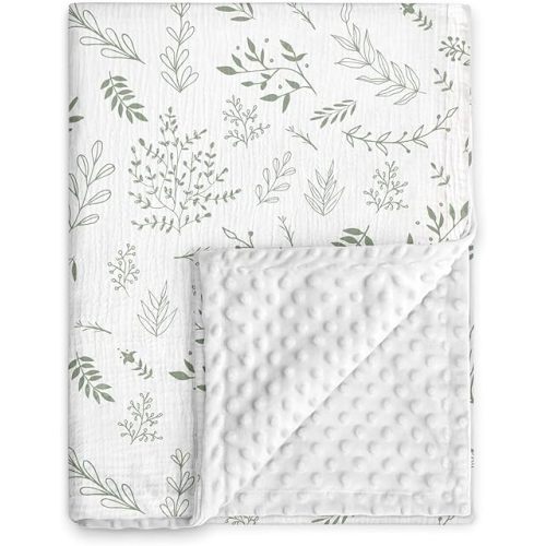 GLLQUEN BABY Blankets for Boys Girls, Soft Muslin Cotton Front Dotted Fleece Backing, Nursery Minky Crib Blanket for Infant Toddler, 30 x 40 inches Throw Blanket, Green & Leaves