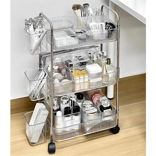 3-Tier Acrylic Storage Rolling Cart Clear Bathroom Cart Organizer, Transparency Laundry Room Organization Mobile Shelving Unit Multifunction Rolling Utility Cart for Office Living Room