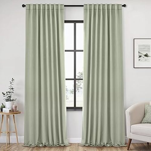 ANRODUO Back Tab Blackout Curtains for Bedroom Living Room, Rod Pocket Pinch Pleated Thermal Insulated Room Darkening Curtains 108 Inches Long 2 Panels, Sage Green, 52 x 108 Inch
