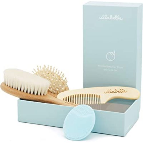 4 Piece Wooden Baby Hair Brush and Comb Set for Newborns & Toddlers in Chic Gift Box - Ultra Soft Natural Goat Hair and Wood Baby Brush Set Prevents Cradle Cap - Perfect Registry Gift (Blue)