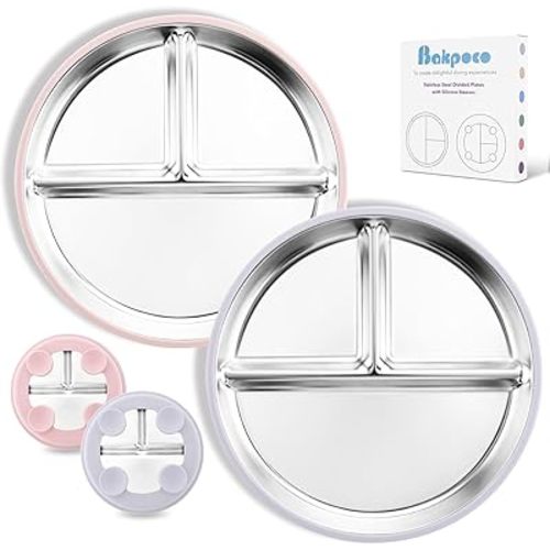 Stainless Steel Baby Plate with Suction, 9” Divided Toddler Plates with Removable Silicone Sleeves for Kids, Non-Toxic Non-Slip Unbreakable Dishwasher Safe Dinnerware Set of 2, Pink & Lilac