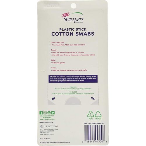 Swisspers Cotton Swabs, 100% Cotton Double-Tipped, White Plastic Sticks, 300 Count Package - 300 Count (Pack of 1)