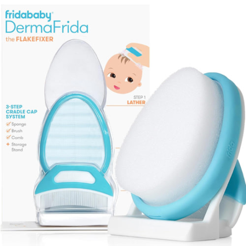 Frida Baby The 3-Step Cradle Cap System, DermaFrida The FlakeFixer, Sponge, Brush, Comb and Storage Stand for Babies with Cradle Cap, White-Blue