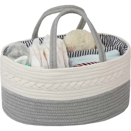 Baby Diaper Caddy Organizer, Portable Nursery Storage Basket with Changeable Compartments, 100% Cotton Woven Rope Baskets(Grey)