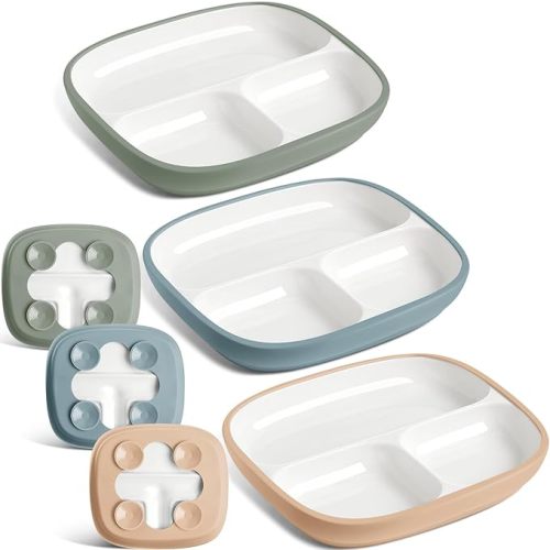 Domensi Kids Porcelain Plates with Silicone Sleeves 8.2 Inch Divided Porcelain Plate Toddler White Suction Dishes for Baby Troubleless Eating Microwave Dishwasher Safe(Stylish,3 Set)