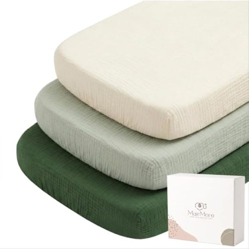 3 Pack Muslin Fitted Bassinet Sheets for Babies, Soft & Breathable 100% Cotton Bedside Sleeper Bassinet Sheet, Moses Basket Oval Rectangle Pad/Mattress (Grass Green)