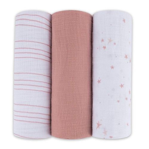 Ely's & Co. Cotton Muslin Swaddle Blanket Dusty Rose Stars 3 Pack