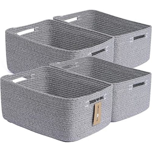 Large Storage Baskets for Organizing, Closet Shelf Baskets for Clothes Blanket Towels, Baby Nursery, Toy Bins Box, Woven Rope Baskets, 17 x 13 x 7.5”, 4 Packs Mixed Grey