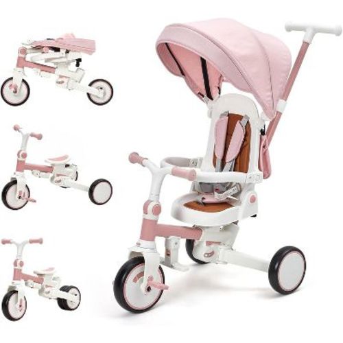 7-in-1 Foldable Baby Tricycle with Adjustable Parent Handle,Toddler Trike with Safety Harness