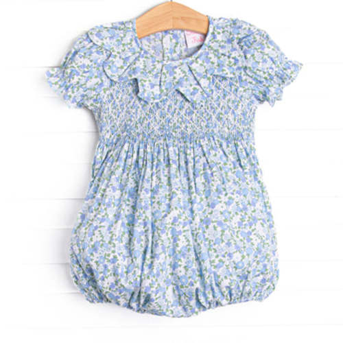 Blossomed and Blue Smocked Bubble, Blue – Stitchy Fish