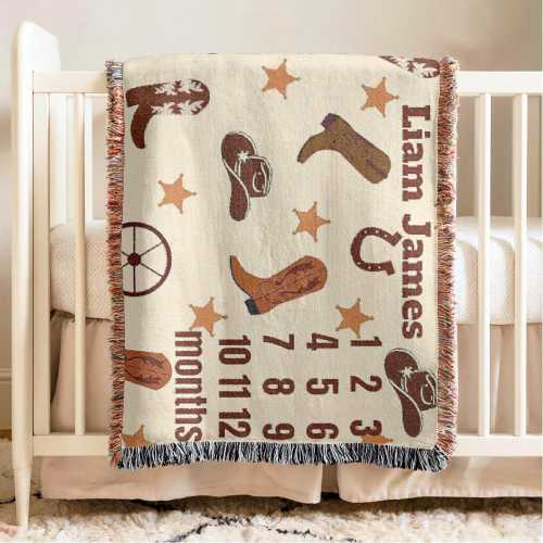 Custom Milestone Blanket Boys Cowboy Western Personalized Baby Name Blanket Customized Blanket Baby Growth Chart Photo Prop Newborn Gift