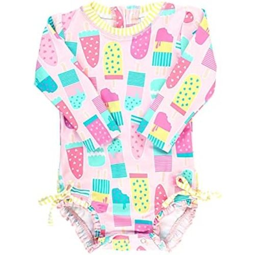 RuffleButts Baby Girls UPF 50+ Sun Protection Novelty Print Long Sleeve One Piece Rash Guard Swimsuit with Zipper