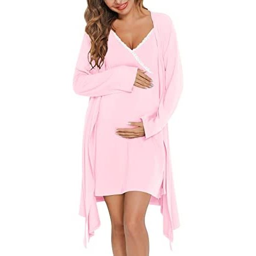SWOMOG Womens Maternity Robe 2 Piece Nursing Nightgown for Breastfeeding 3 in 1 Labor Delivery Nursing Dress Lace Bathrobe
