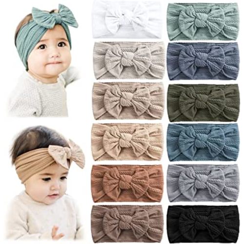 Prohouse 12 PCS Baby Headbands Handmade Super Stretchy Soft Nylon Hairbands Hair Bows Hair Accessories for Baby Girls Newborn Infant Toddlers Kids(Grey)