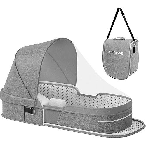 Portable Bassinet for Baby Travel, Lightweight Foldable Travel Crib for Infant 6-12 Months with Mosquito Net and Canopy Outdoor Newborn Essentials Gift