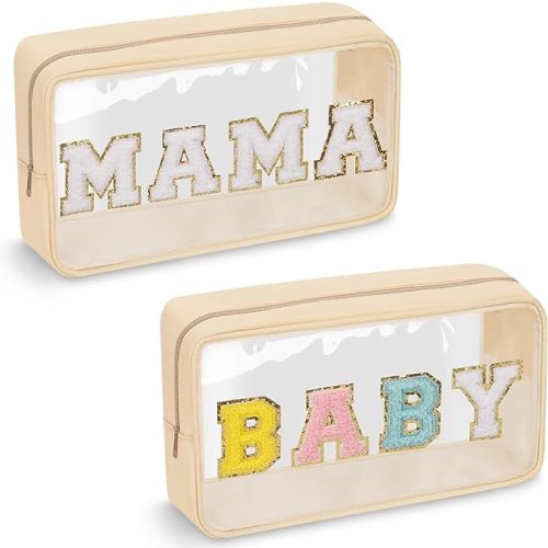 2 Pcs Chenille Letter Clear Makeup Bag Mama Baby Pouch, Mama Baby Hospital Duffle Bag Clear Diaper Bag Organizing Pouches with Zipper, Travel Baby Toiletry Bag Nylon Cosmetic for Women Girl(MAMA+BABY) - MAMA-Beige & BABY-Beige