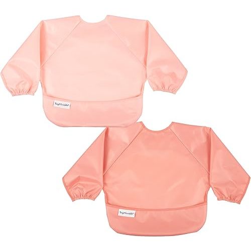 Tiny Twinkle Mess Proof Baby Bib, 2 Pack Long Sleeve Bib Outfit, Waterproof Bibs for Toddlers, Machine Washable, Tug Proof (Peach Terracotta, Small 6-24 Months)